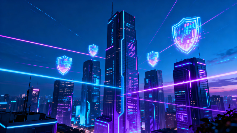 Futuristic Cybersecurity: Digital Art & Cityscape
