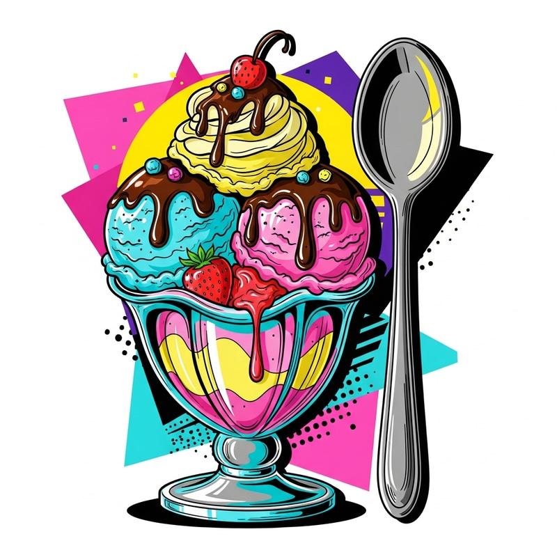 80's Style Ice Cream Sketch with Spoon 80's Style Ice Cream Sketch with Spoon