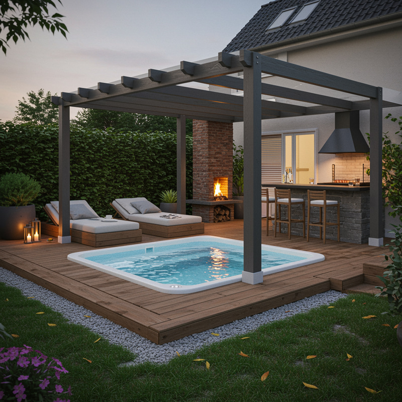 Modern Backyard Jacuzzi with Terrace and Bar Modern Backyard Jacuzzi with Terrace and Bar