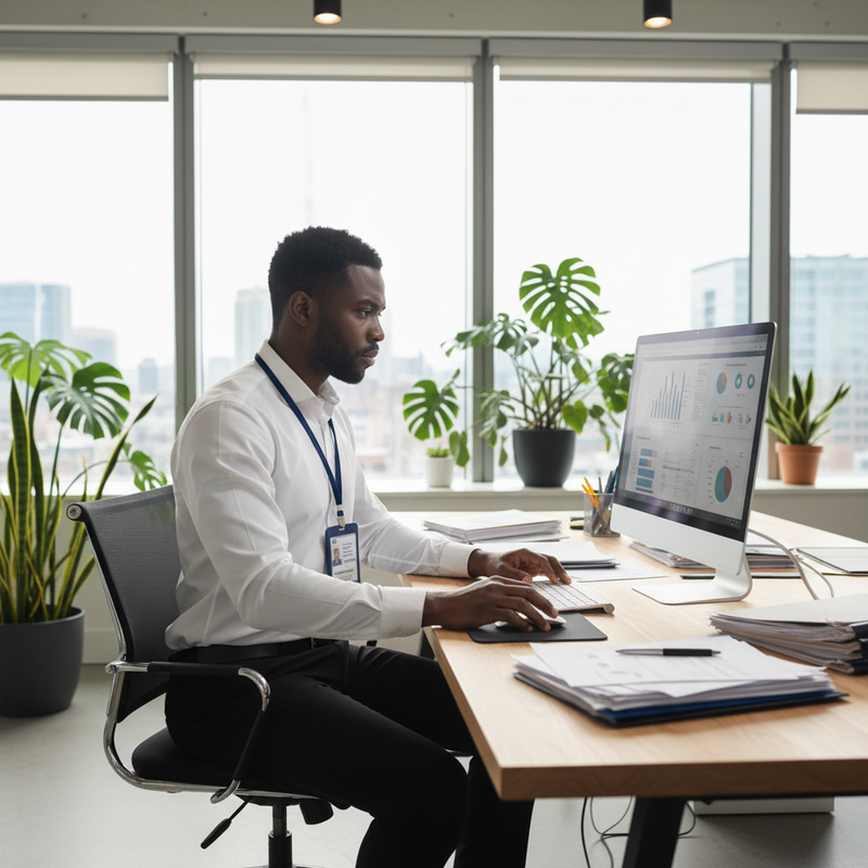 Focused Employee in Modern Office Environment Focused Employee in Modern Office Environment