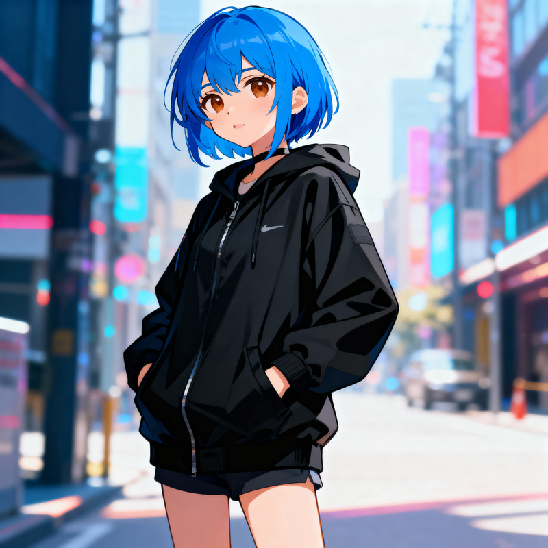 Anime Girl with Blue Hair and Black Jacket