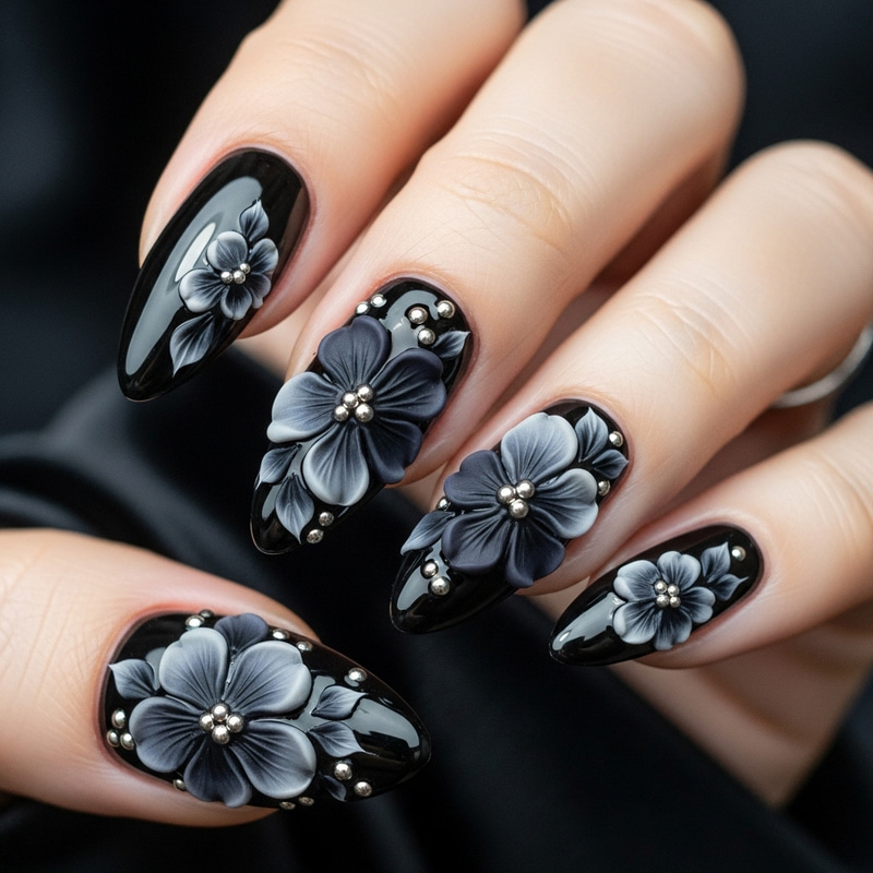 3D Black Floral Nail Art Design