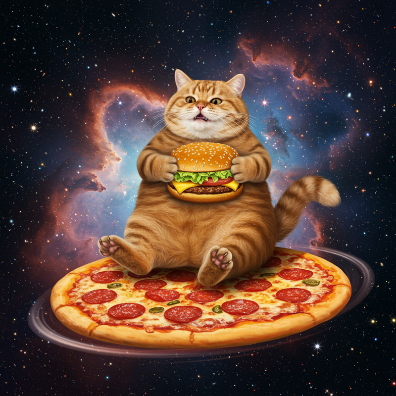 Fat Cat in Space with Hamburger & Pizza