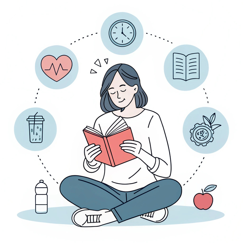 Line Art: Woman Reading & Wellness Icons Line Art: Woman Reading & Wellness Icons