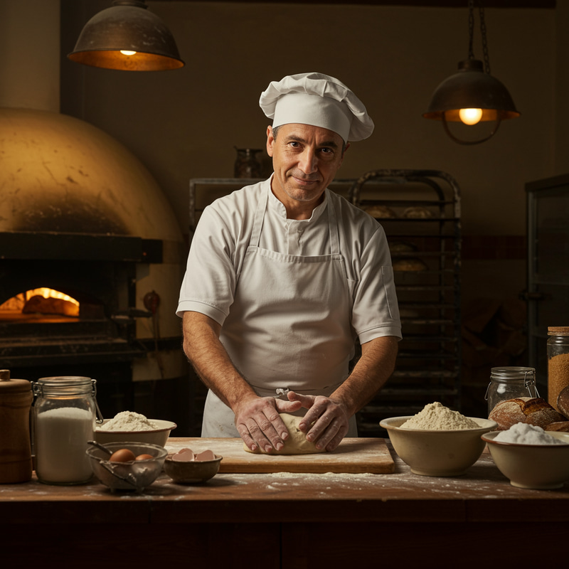 Baker Man in White Apron and Hat