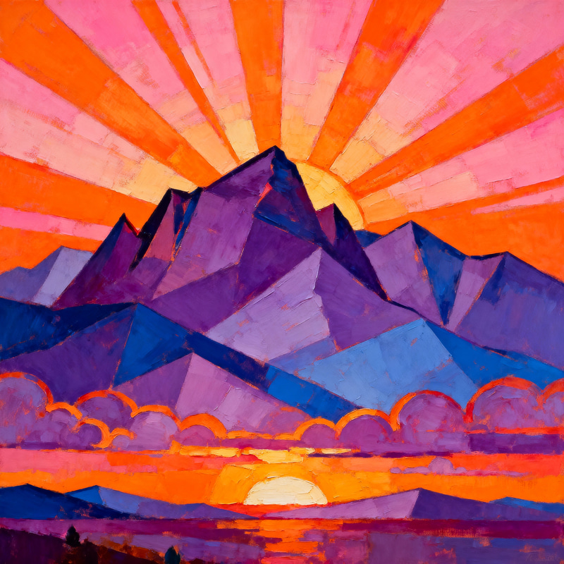 Stylized Mountain Range Painting at Sunrise