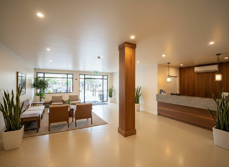 Modern Lobby Design with Wood-Wrapped Column Modern Lobby Design with Wood-Wrapped Column