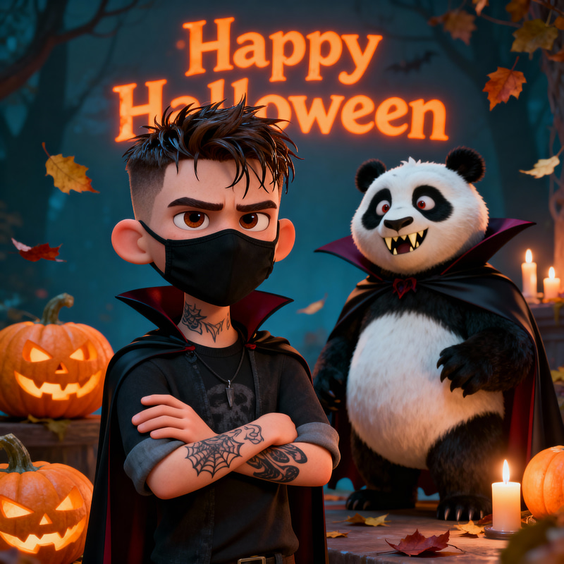 Ven and Halloween Panda - Pixar Style Illustration Ven and Halloween Panda - Pixar Style Illustration