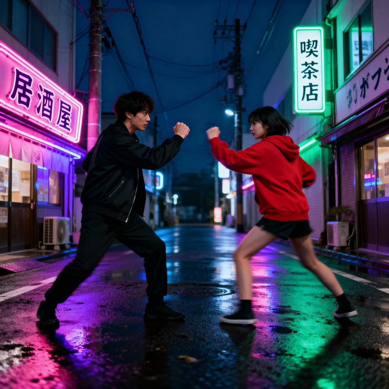 Neon-Lit Japanese Streets: Conflict in the Shadows