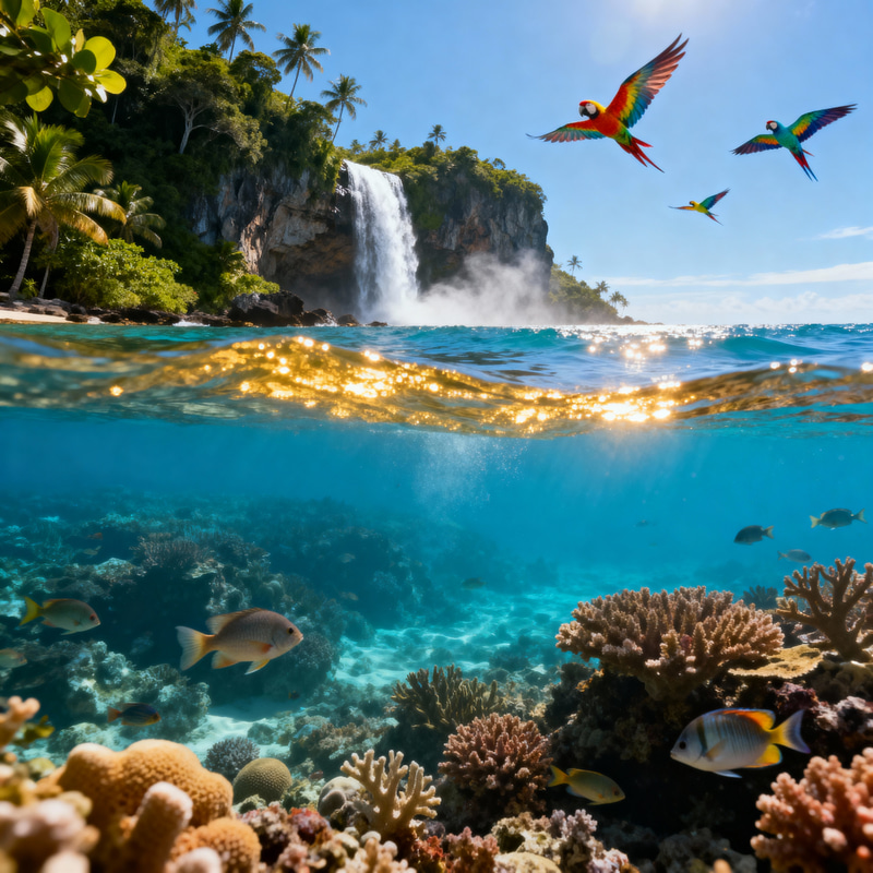 Tranquil Paradise Island with Waterfall View Tranquil Paradise Island with Waterfall View