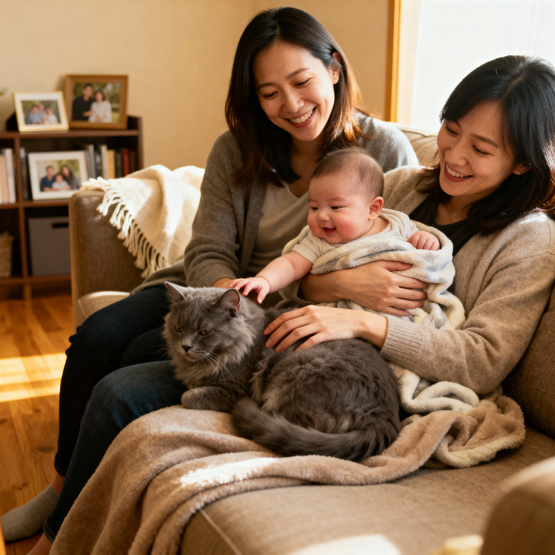 Loving Family of Two Mums, Baby, and Cat Loving Family of Two Mums, Baby, and Cat