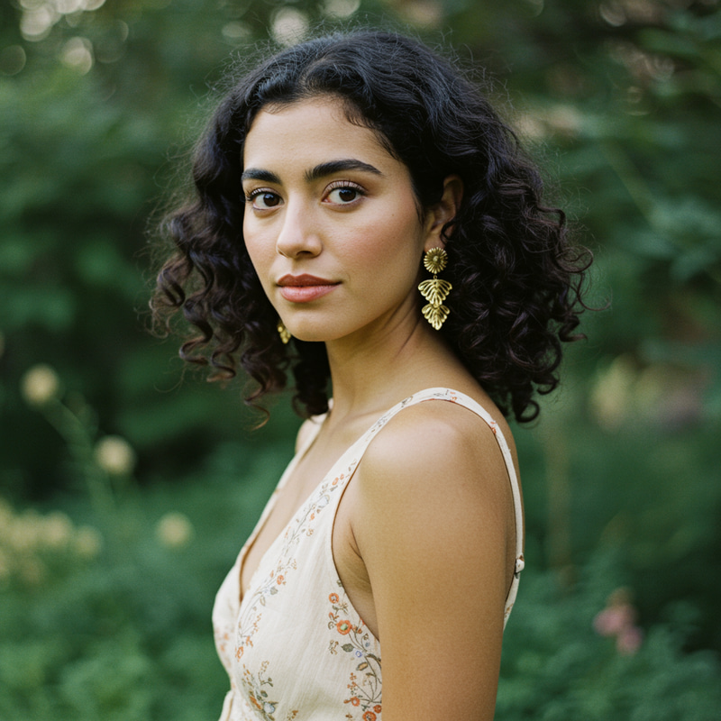 Young Woman with Dark Curly Hair and Brown Eyes
