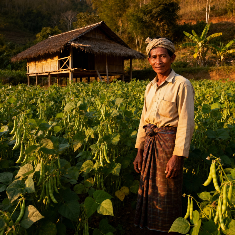 Myanmar Farmer in Sunlit Bean Field Myanmar Farmer in Sunlit Bean Field