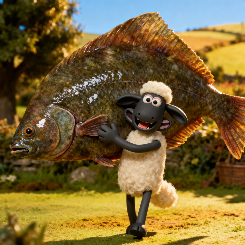 Shaun the Sheep with a Gigantic Flathead Fish