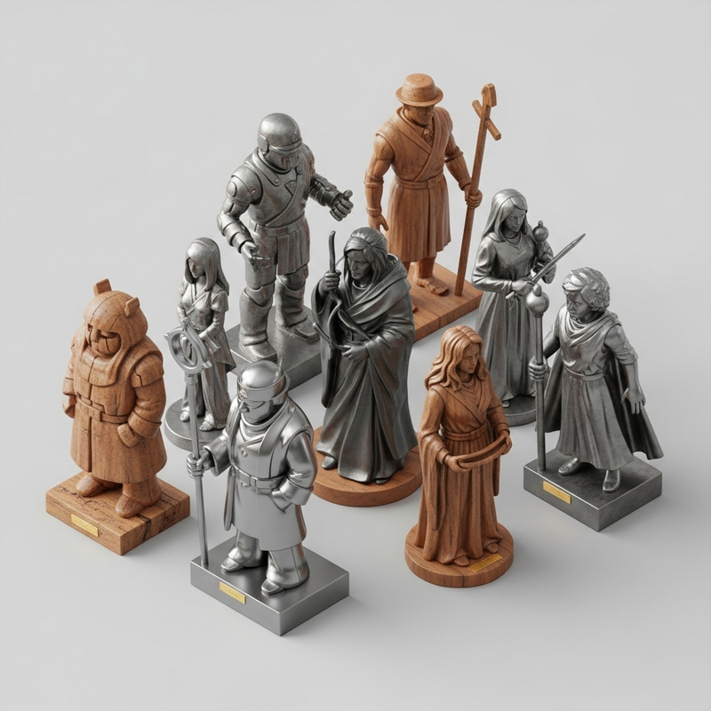 Unique Metal and Wood Statues in Isometric Style Unique Metal and Wood Statues in Isometric Style