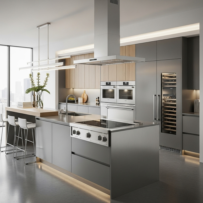 High-Tech Home Kitchen Design in Steel & Wood
