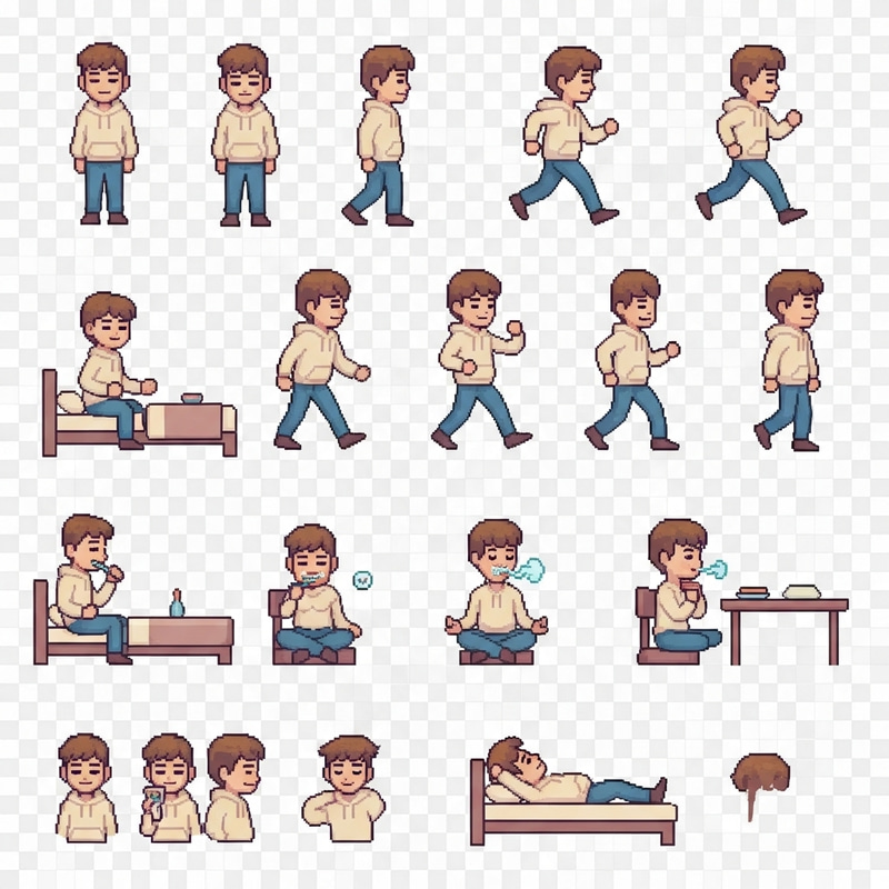 Cozy 2D Pixel Art Sprite Sheet of a Young Male Character Cozy 2D Pixel Art Sprite Sheet of a Young Male Character