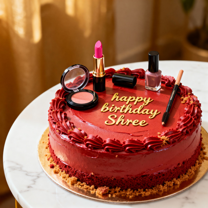 Realistic Red Birthday Cake with Beauty Products Realistic Red Birthday Cake with Beauty Products