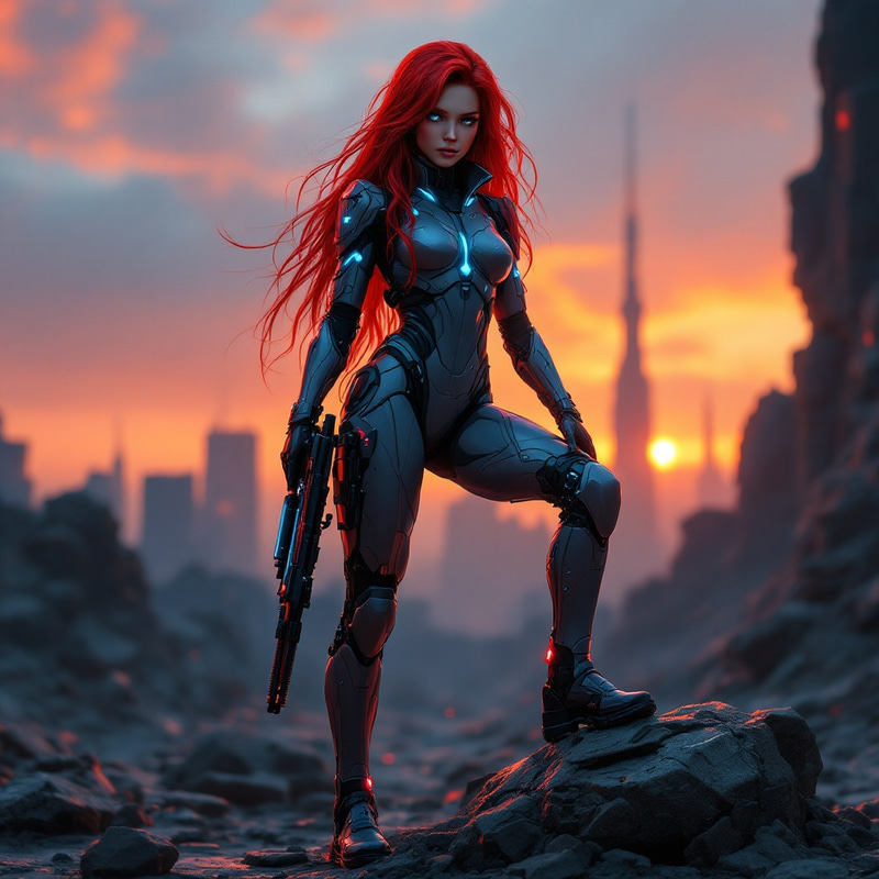 Futuristic Anime Heroine in Dystopian Battle Scene Futuristic Anime Heroine in Dystopian Battle Scene