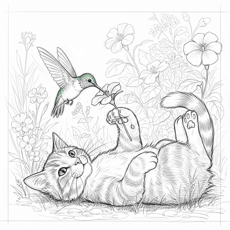 Humminbird and Cat Sketch Art Humminbird and Cat Sketch Art
