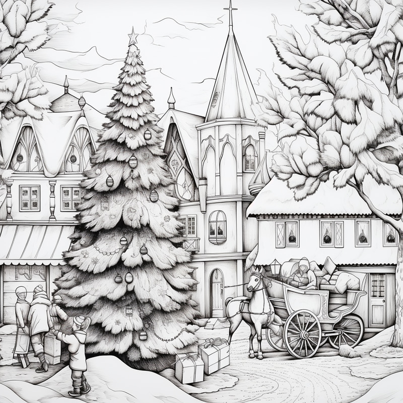 Coloring Page: Christmas Village Scene Coloring Page: Christmas Village Scene