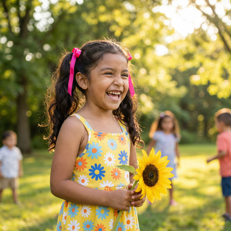 Joyful Hispanic Girl in a Sunny Park | Smiling and Playing