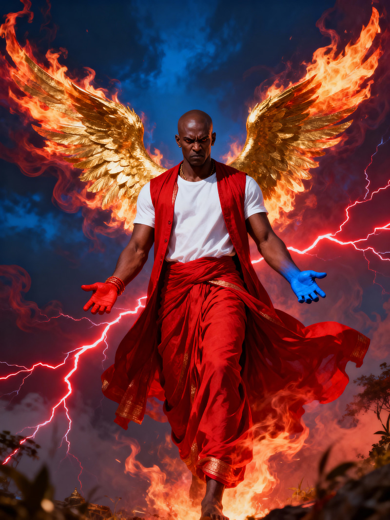 Powerful Light-Skinned Black God in Fiery Fantasy Art Powerful Light-Skinned Black God in Fiery Fantasy Art