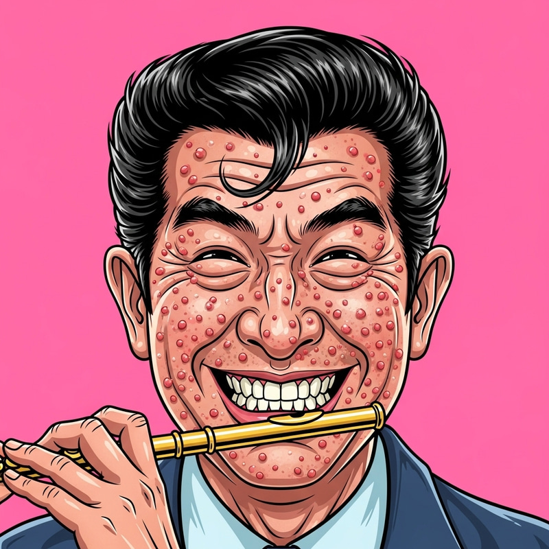 Funny Asian Man Playing Flute - Exaggerated Expression