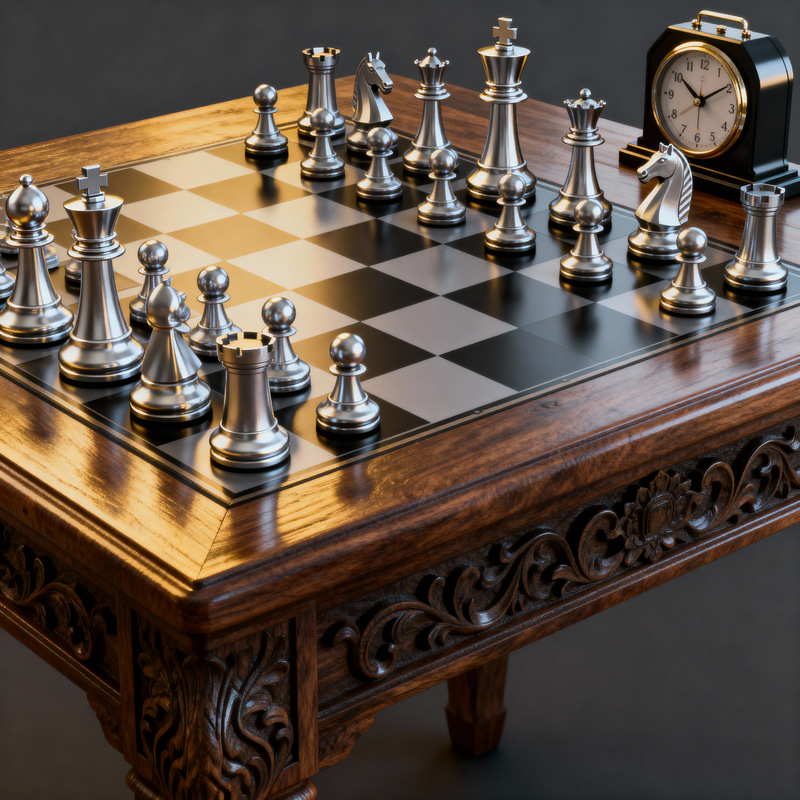 3D Art Chess Table with Chess Pieces & Clock