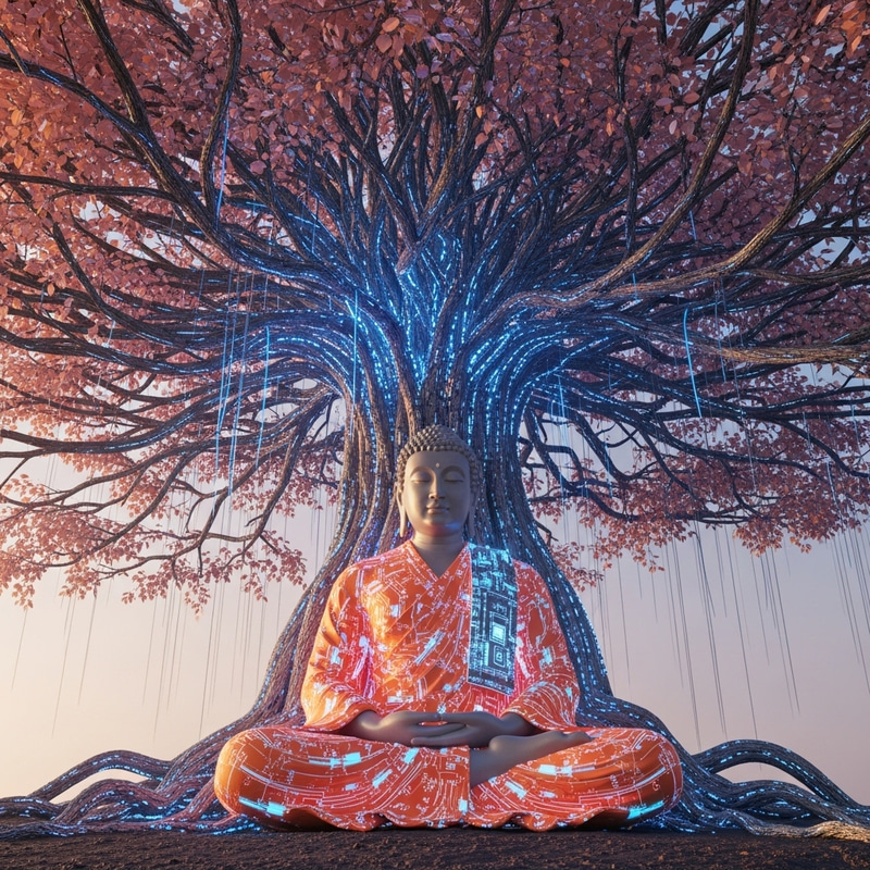 Futuristic Buddha Under Banyan Tree | Serene 3D Art Futuristic Buddha Under Banyan Tree | Serene 3D Art