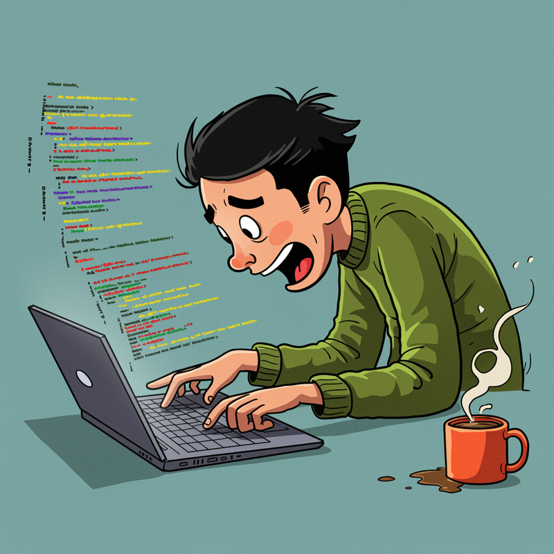 Cartoon Developer with Coffee and Code Cartoon Developer with Coffee and Code