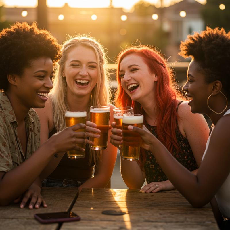 Four Happy Women Enjoying Beer Together Four Happy Women Enjoying Beer Together