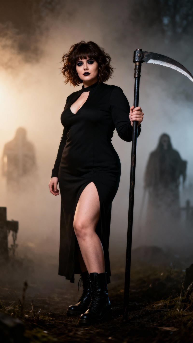 Curvy Beauty in Black Dress with Scythe