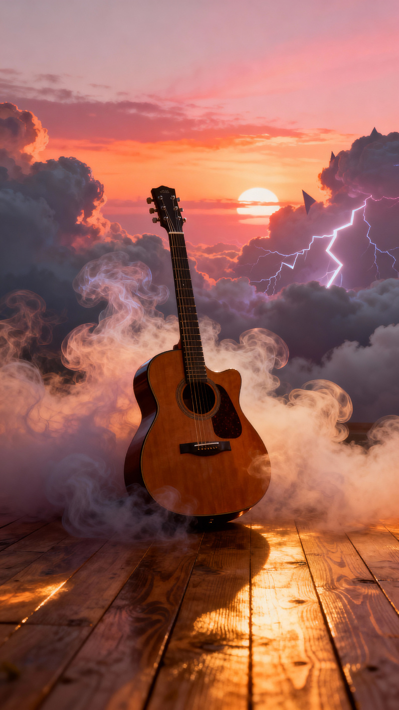 Digital Art of a Guitar in Smoky Clouds