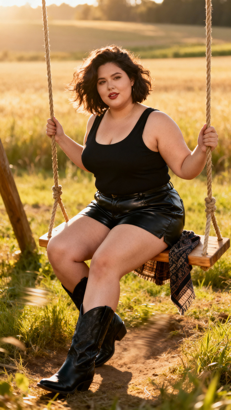 Curvy Beauty on a Swing in a Farm Field