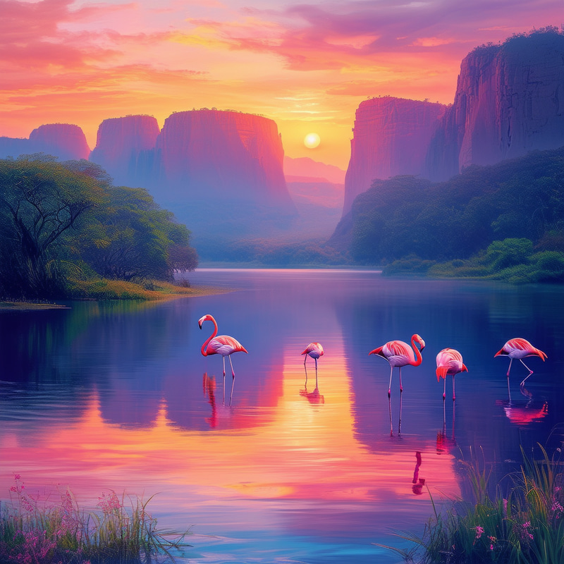 Mystical Lake at Sunset with Flamingos and Dramatic Escarpment Mystical Lake at Sunset with Flamingos and Dramatic Escarpment