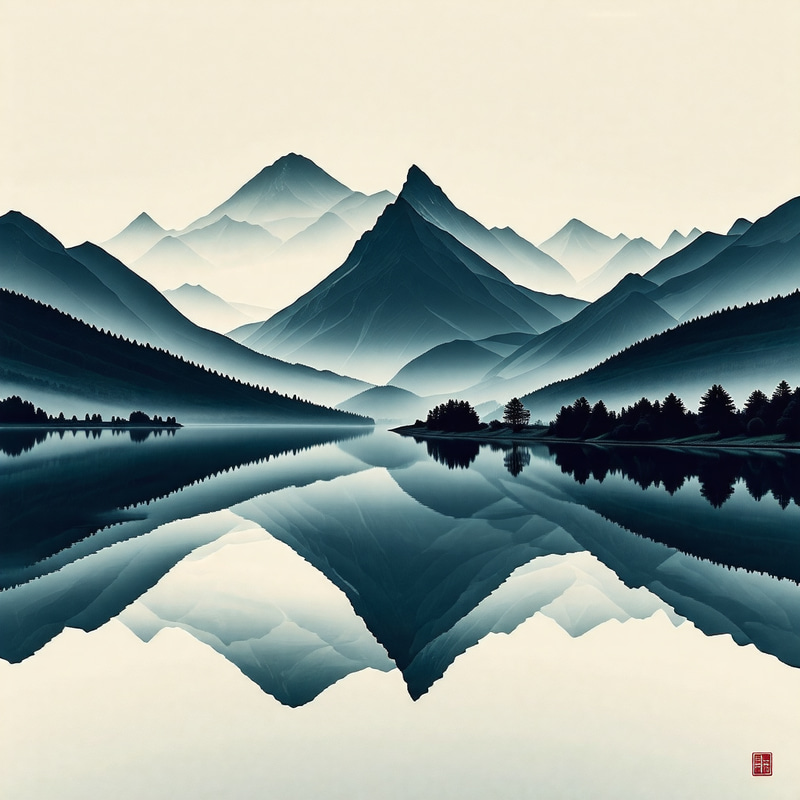 Serene Mountain Landscape - Tranquility Inspired by Chinese Ink Painting Serene Mountain Landscape - Tranquility Inspired by Chinese Ink Painting