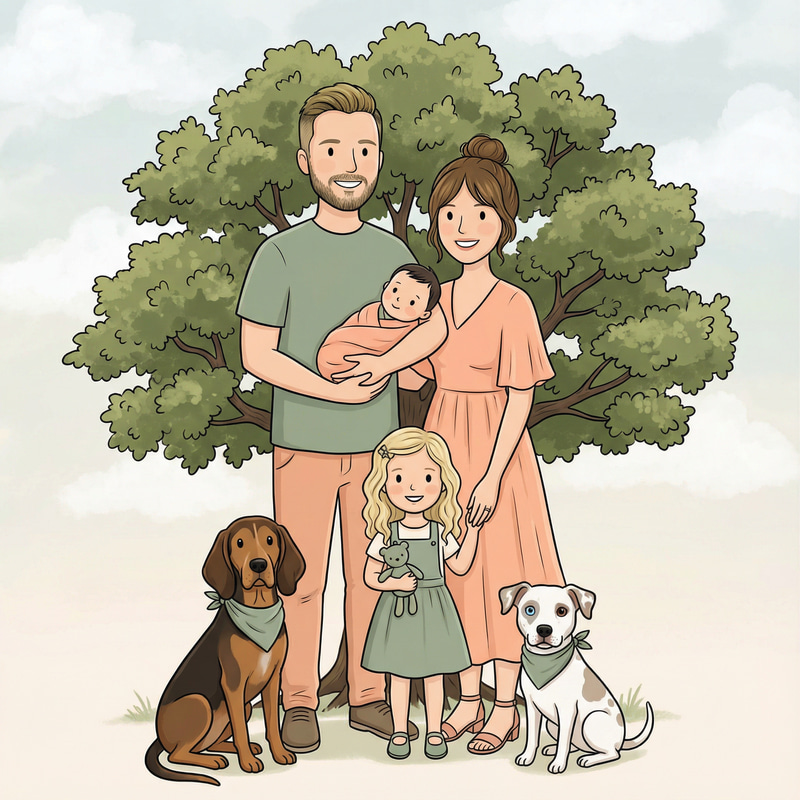 Adorable Cartoon Family with Dogs in Aesthetic Styles