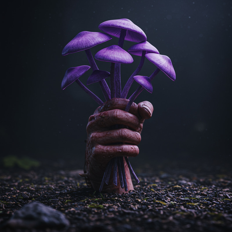 Decaying Hand Holding Toxic Purple Mushrooms Decaying Hand Holding Toxic Purple Mushrooms