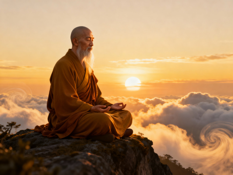 Monk Meditating at Sunrise: A Serene Moment Monk Meditating at Sunrise: A Serene Moment