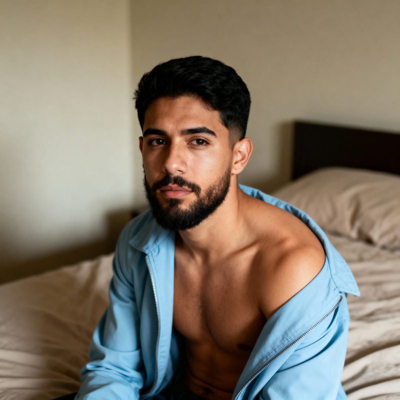 Latino Man in Bedroom: Relaxed & Stylish Look
