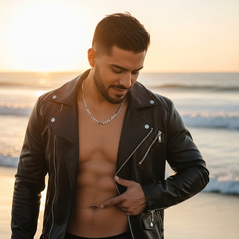 Latino Man at Beach: Style & Confidence