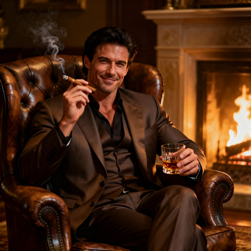 Confident Man in Tailored Suit with Bourbon and Cigar