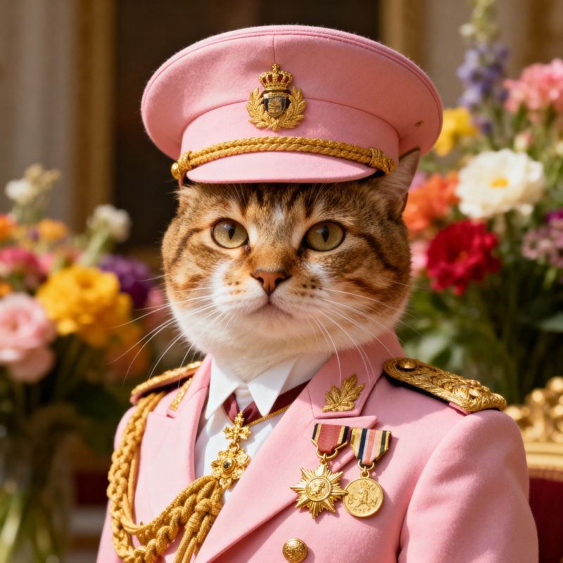 Cat in Pink Military Suit Portrait