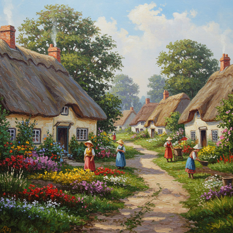 Charming Rural Village in Impressionist Style