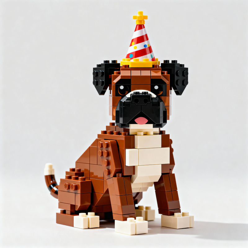 Brown Boxer Dog Lego Figure with Birthday Hat