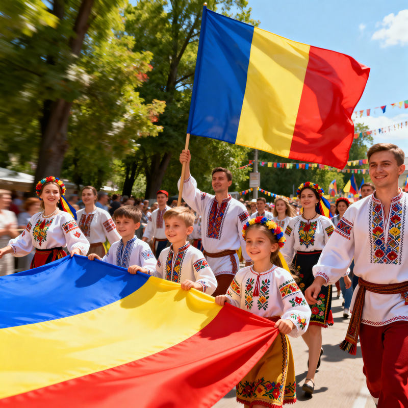 Joyful Romanian Folk Parade with Traditional Costumes