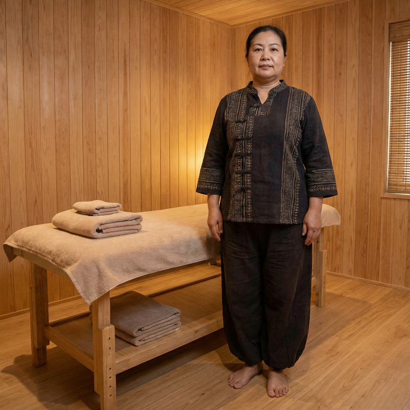 Expert Asian Masseuse in Traditional Attire