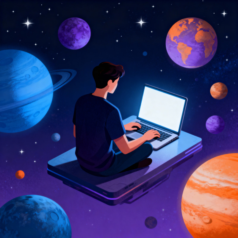 Developer Coding Surrounded by Planets Developer Coding Surrounded by Planets