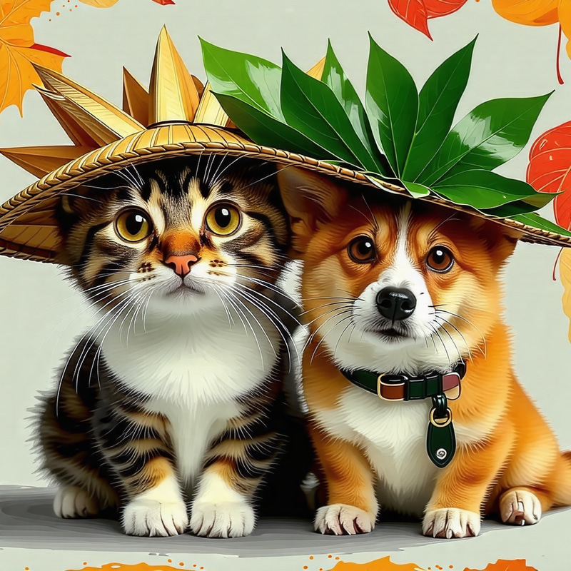 Cat and Dog in Vietnamese Leaf Hats - Unique Friendship Cat and Dog in Vietnamese Leaf Hats - Unique Friendship